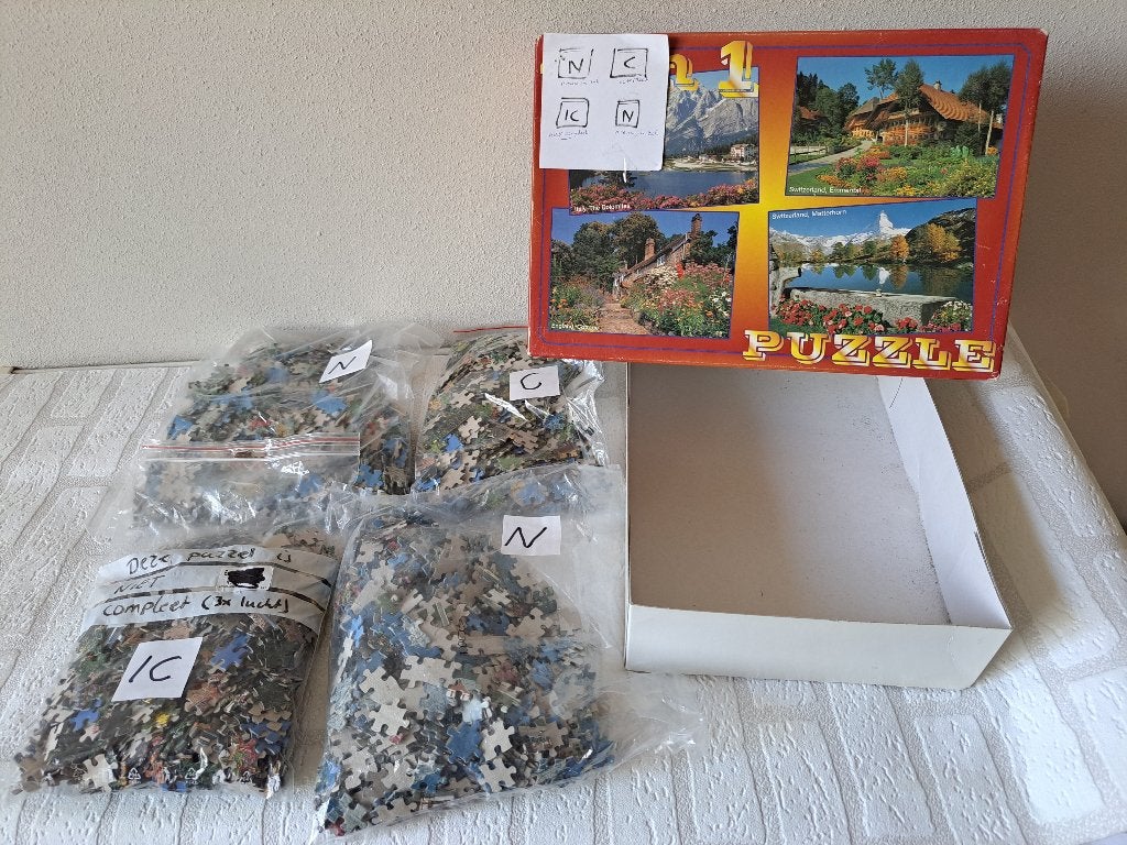Puzzels Italië Zwitserland Berglandschap 4-in-1 4x1000, Hobby en Vrije tijd, Ophalen of Verzenden, 500 t/m 1500 stukjes, Gebruikt