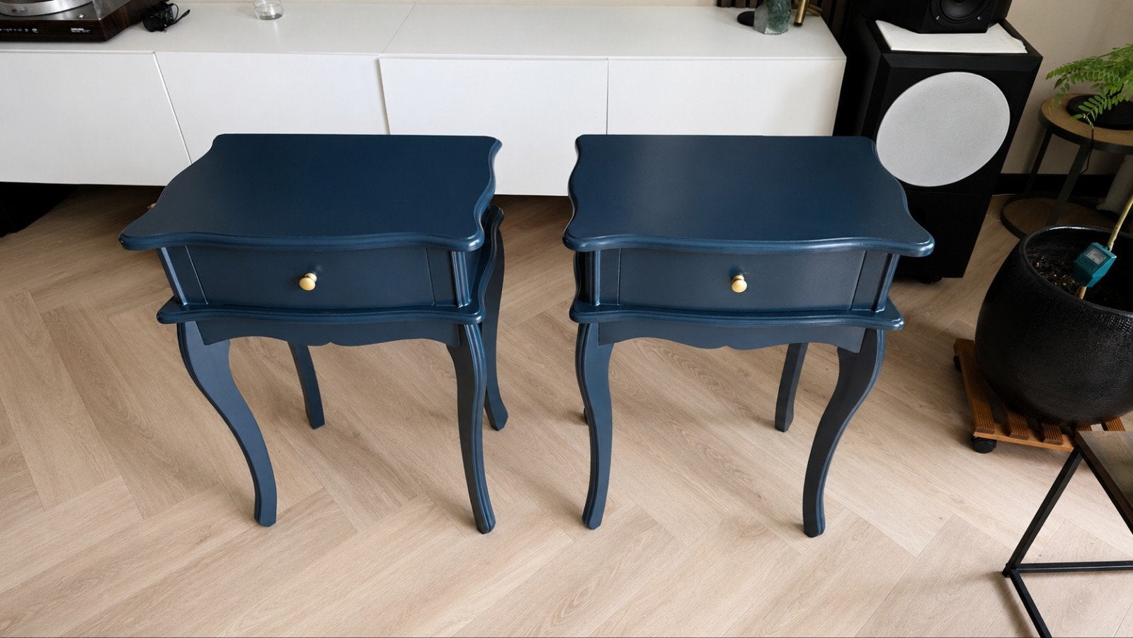 Set van 2 donkerblauwe nachtkastjes met lade, Gebruikt, Minder dan 45 cm, Hout, 55 tot 70 cm