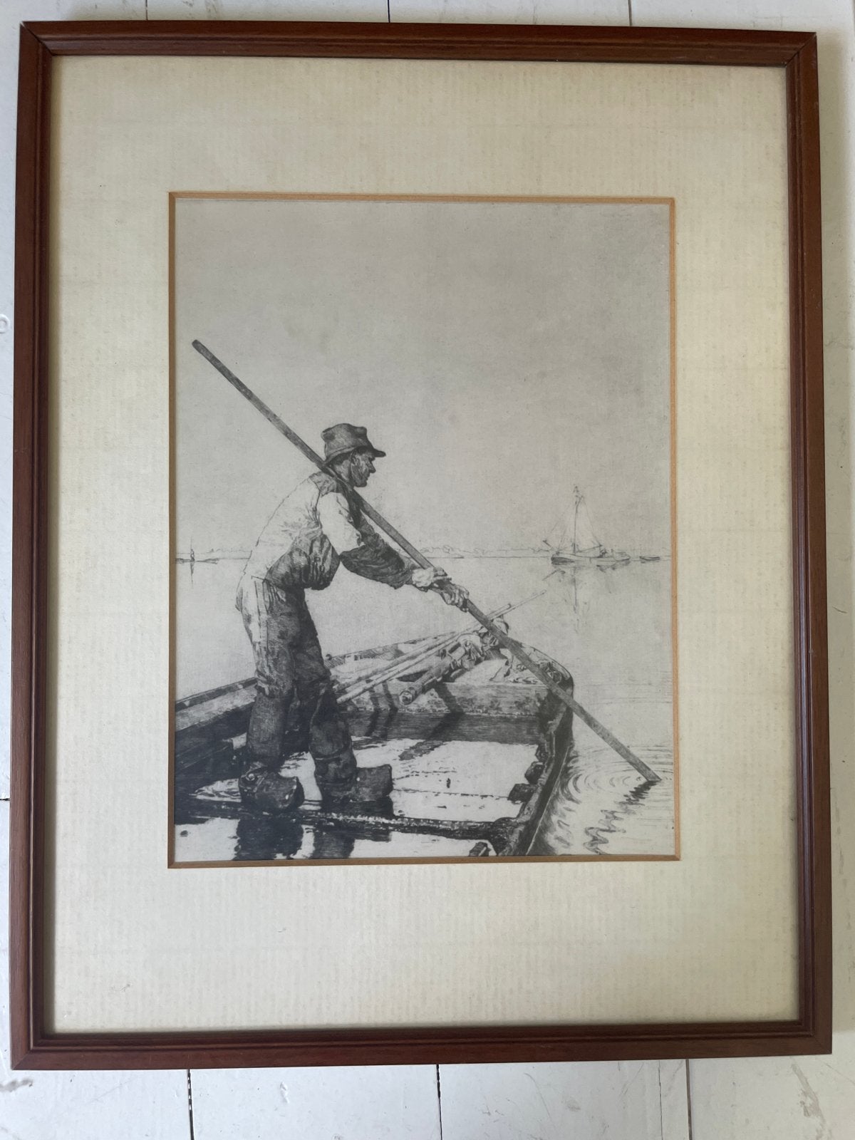Oude ets boot, ingelijst bagger zandaak ijsselaak, Ets, Ophalen of Verzenden, 1900 - 1949, Ingelijst