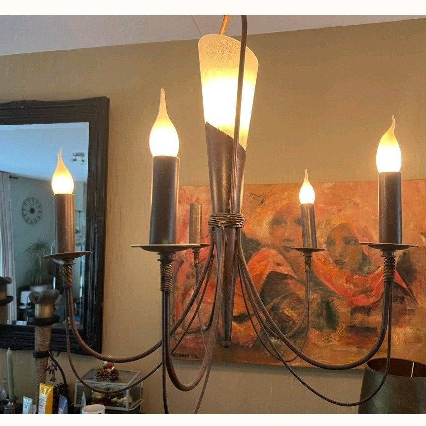 Vintage Kroonluchter met 5 Armen en Wandlamp, Ophalen, Gebruikt, Vintage, Klassiek, Retro, E14 (klein)