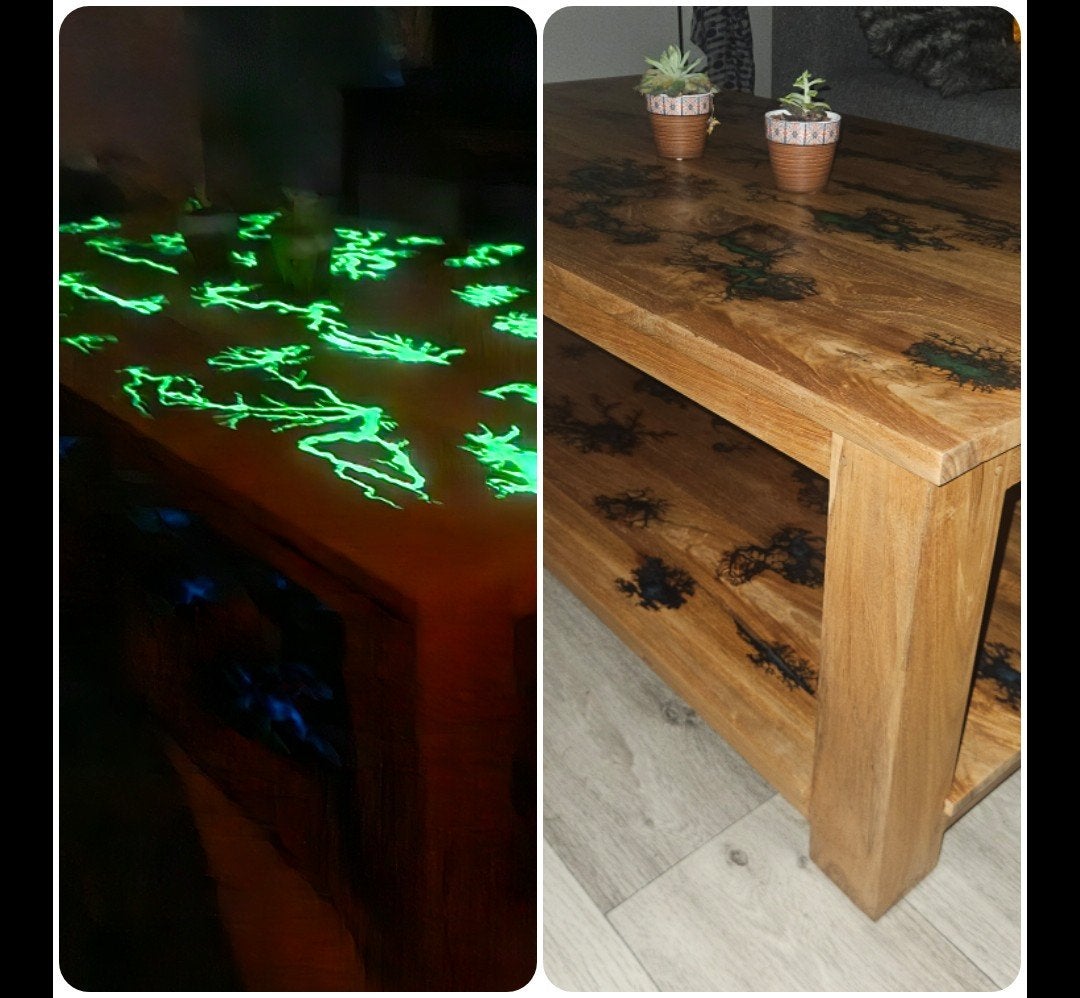 Glow-in-the-Dark Bliksem Salontafel - Uniek Epoxy Kunststuk, Ophalen, Gebruikt, 100 tot 150 cm, 50 tot 100 cm