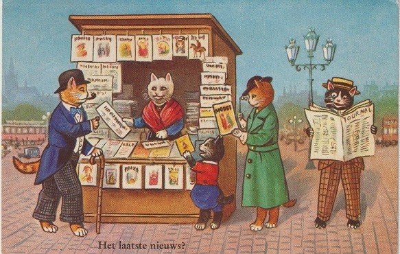 Getekend 1960 poezen bij de kiosk voor het laatste nieuws, Verzenden, 1960 tot 1980, Gelopen, Overige thema's