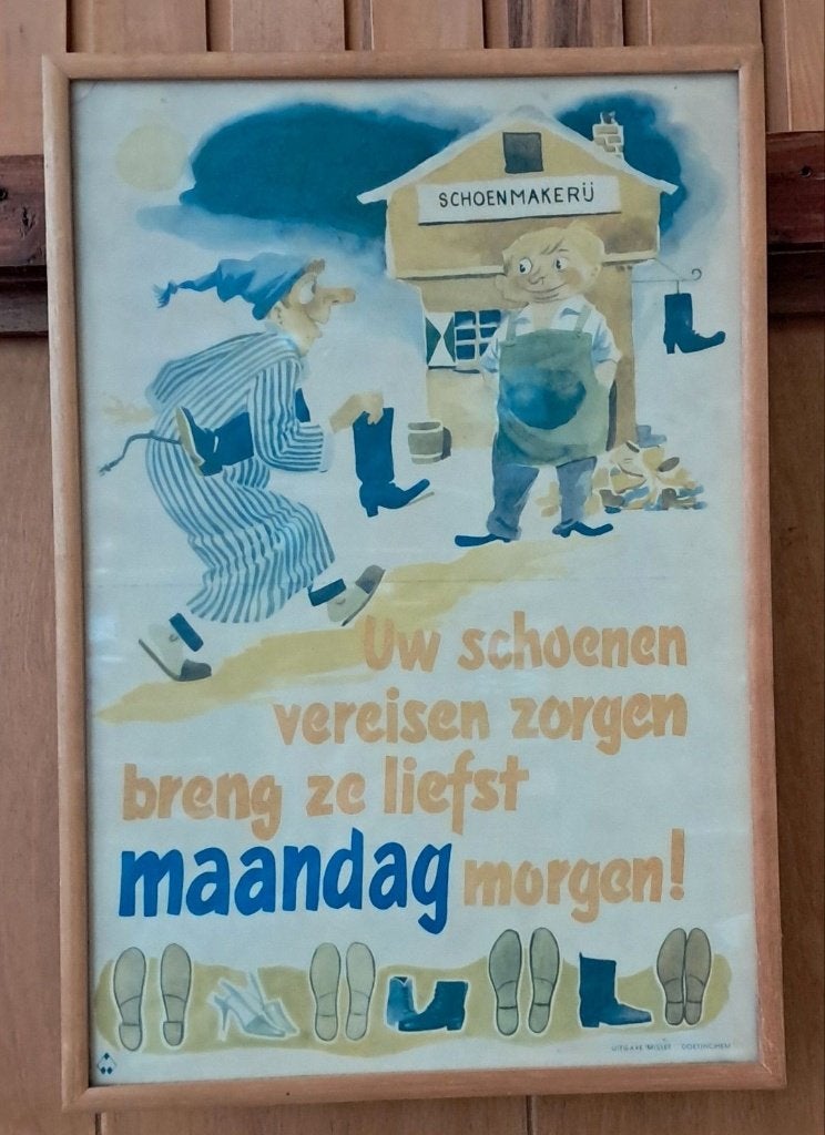 Vintage prent van schoenmaker, Ophalen, 1940 tot 1960, Gebruikt, Prent
