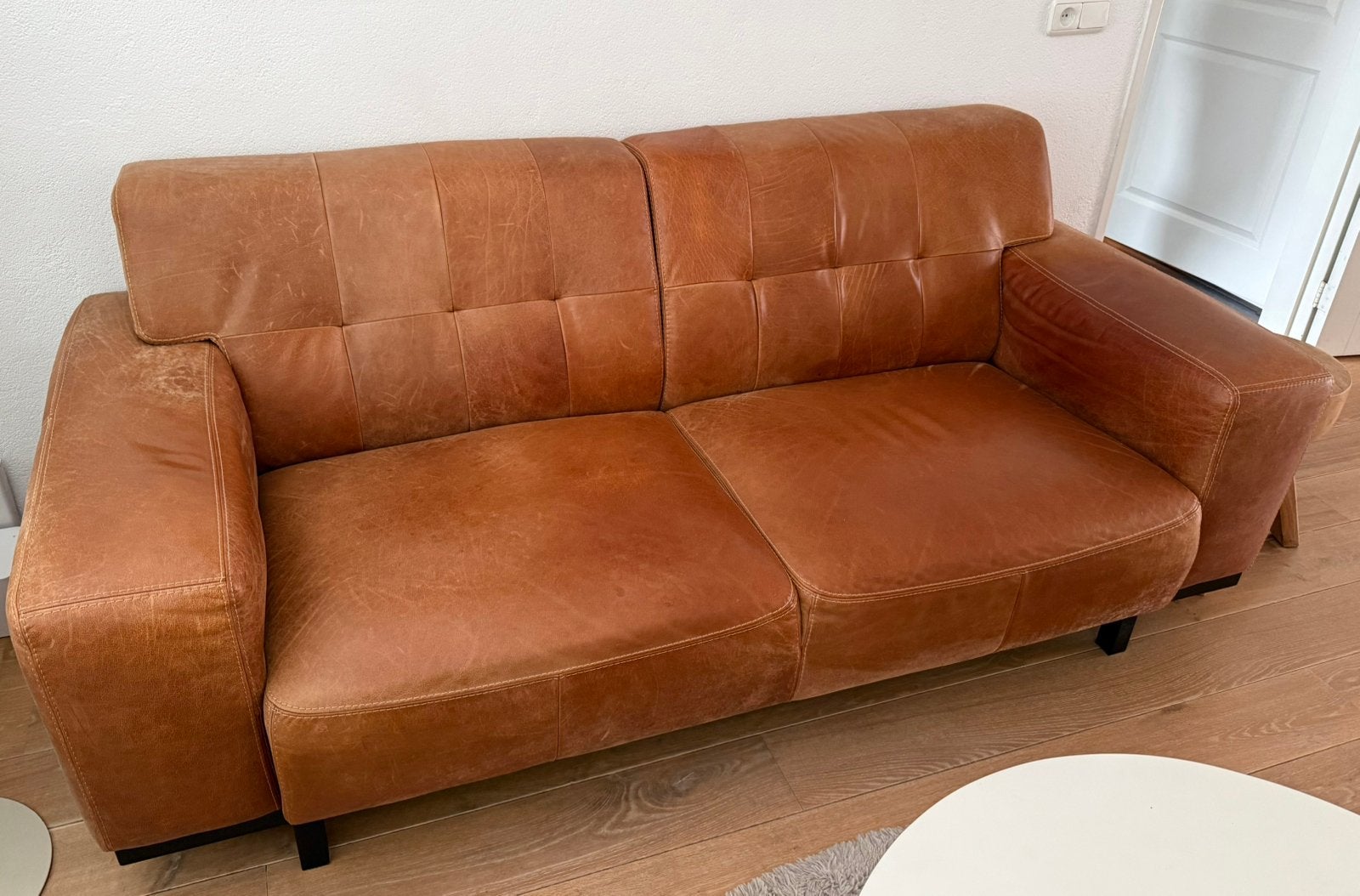Leren cognackleur bankstel 2 zits type Le Garage, Ophalen, Gebruikt, Tweepersoons, Rechte bank