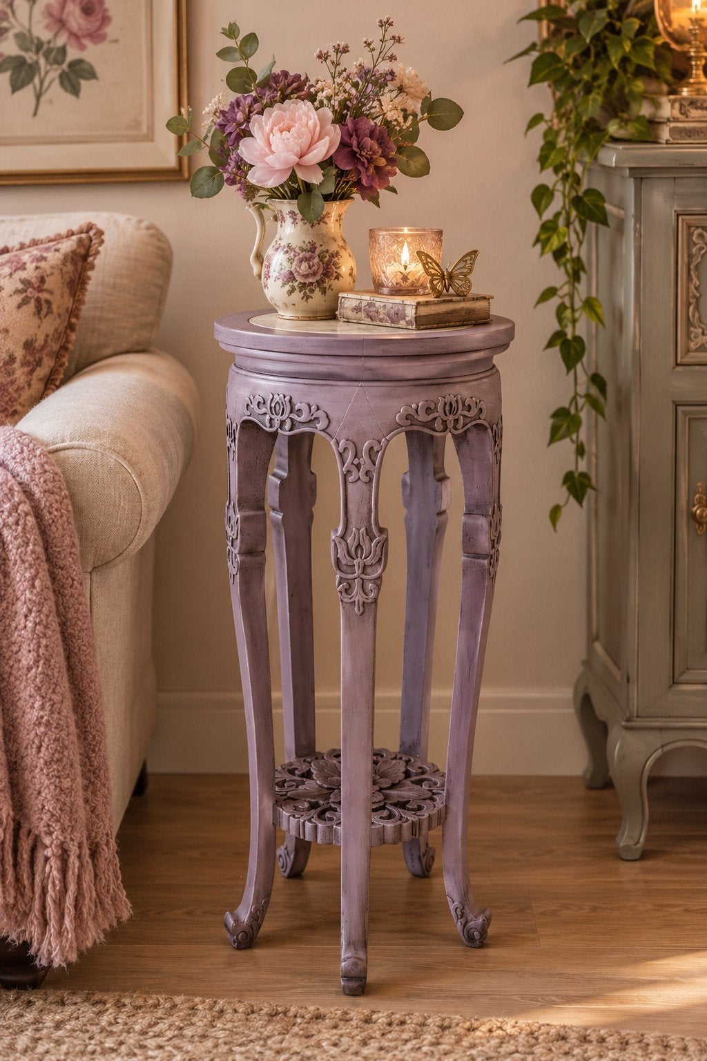 Brocante marmeren tafeltje – Lavender Haze – vintage & uniek, Huis en Inrichting, Ophalen, 1 of 2 laden, 50 tot 100 cm, Zo goed als nieuw