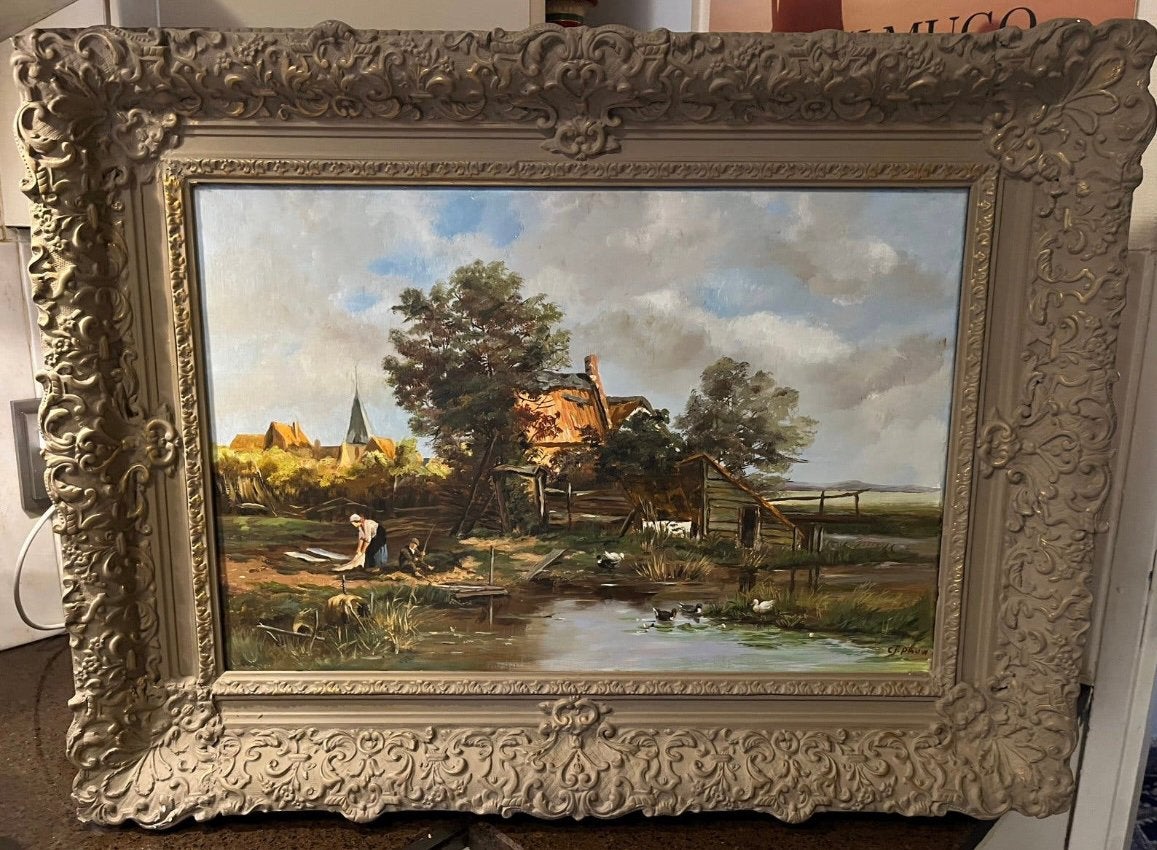 Antiek olieverf dorpsgezicht schilderij, Ophalen, Doek, Gesigneerd, Olieverf