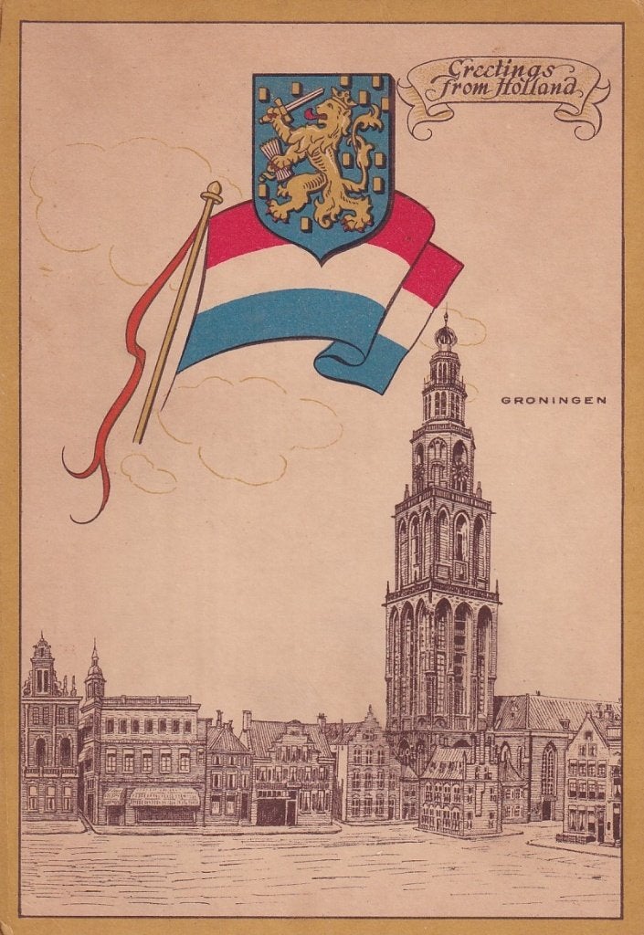 Groningen; Greetings from Holland nv. erven Lucas Bols 1955, Ophalen of Verzenden, 1940 tot 1960, Ongelopen, Groningen
