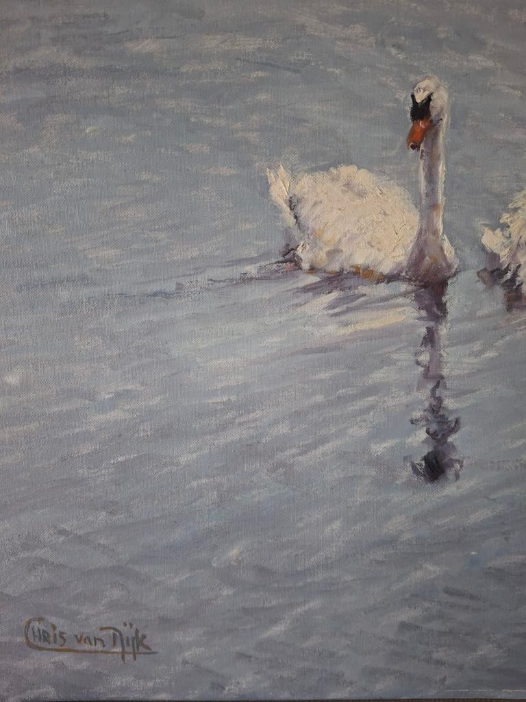 Olieverf schilderij Chris van Dijk (1952) " Twee Zwanen", Antiek en Kunst, Kunst | Schilderijen | Klassiek, Ophalen of Verzenden