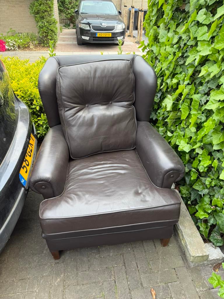Fauteuil bruin leer / comfortabele stoel, Gebruikt, Ophalen of Verzenden, 50 tot 75 cm, Leer