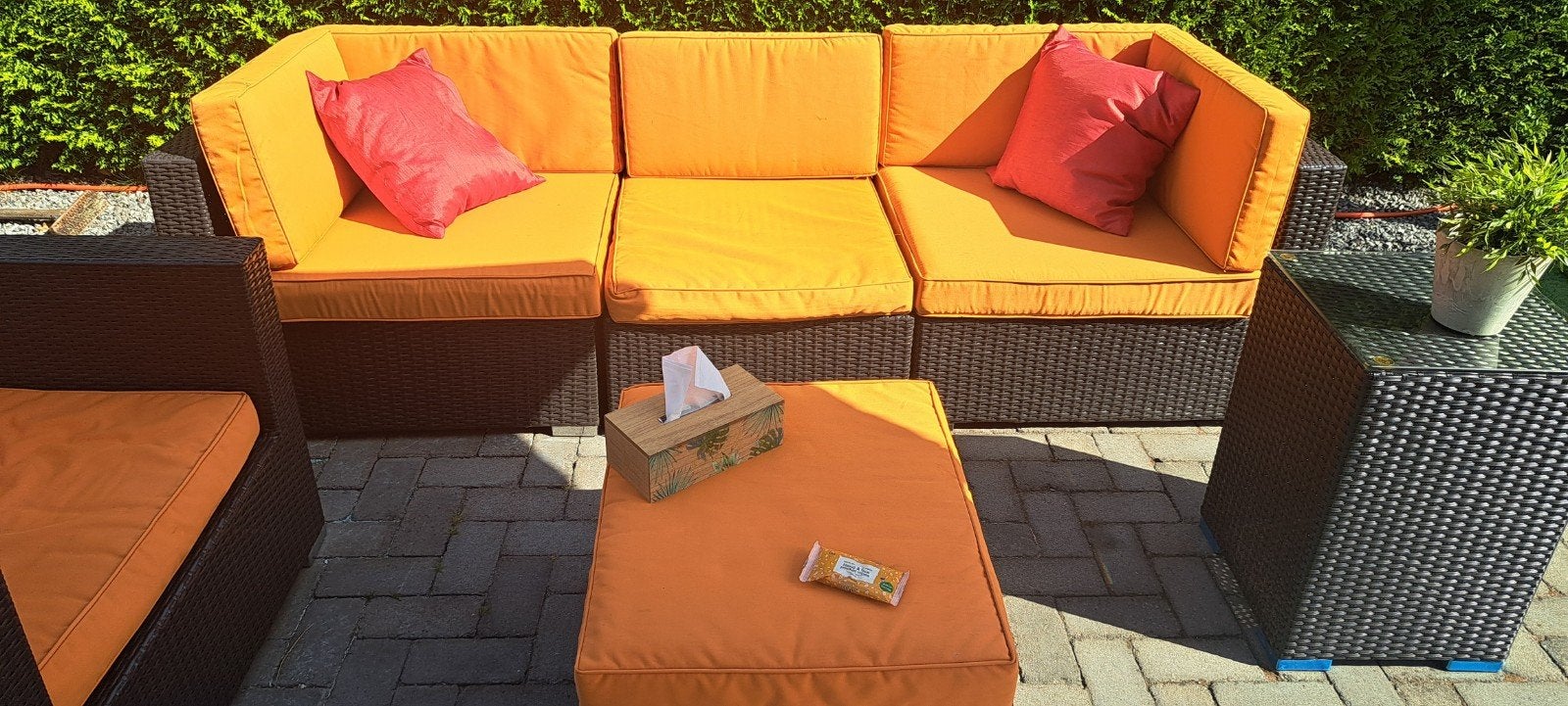 Wicker Loungeset met Oranje Kussens 7 elementen, Ophalen of Verzenden, Wicker, Bank