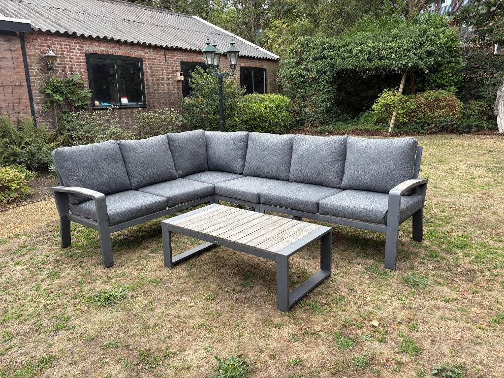 Loungeset - Antraciet - 6-zits Teakhout, Ophalen, Gebruikt, 6 zitplaatsen, Bank