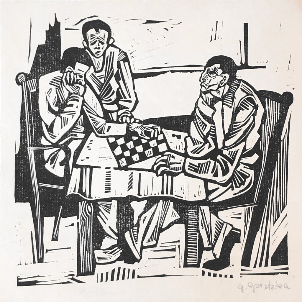 Georg Opretzka (XX-XX) Houtsnede ‘Potje schaak’ ~1950, Ophalen of Verzenden