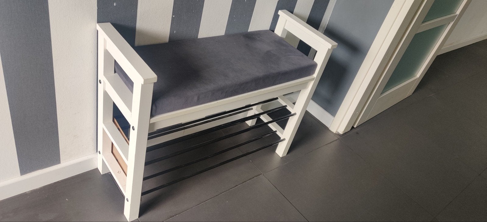 Ikea Hemnes Schoenenbankje met zitkussen - Wit/Grijs, Ophalen of Verzenden, Gebruikt