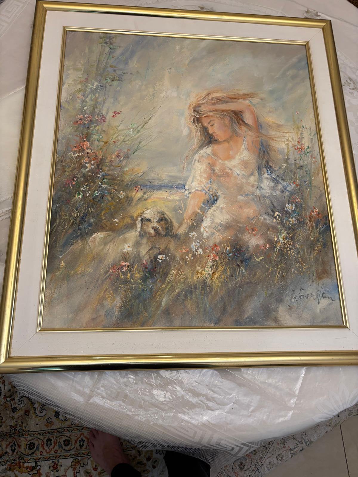 Schilderij Vrouw met Hond aan Zee - Romantisch Kunstwerk, Ophalen of Verzenden