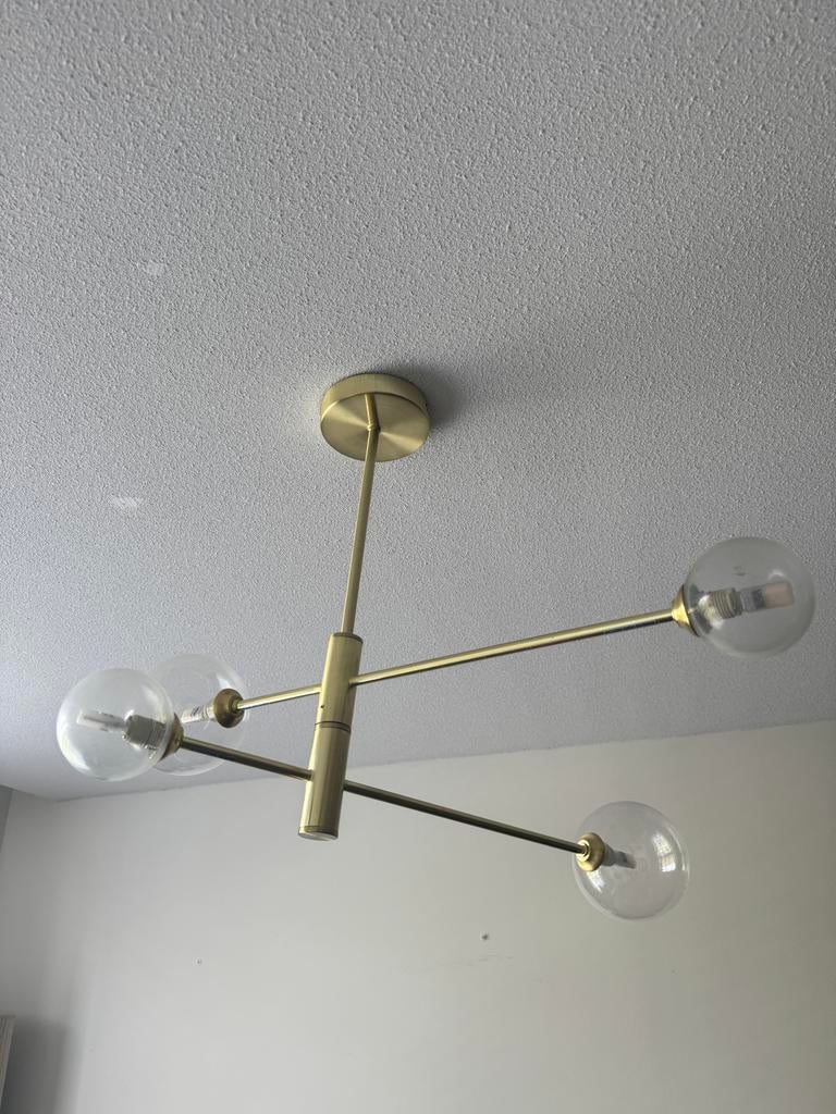 Moderne gouden plafondlamp met glazen bollen, Ophalen, Zo goed als nieuw, Glas, Minder dan 50 cm