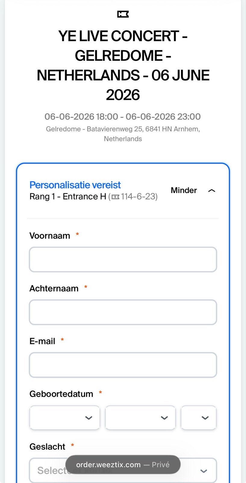 Kanye West concert rang 1 zitplaats - 6 juni Gelredome, Tickets en Kaartjes, Eén persoon, Juni