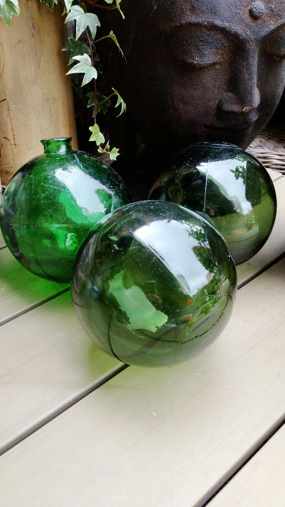 Vintage Franse glazen macrame visnet drijvers groen glas, Ophalen of Verzenden