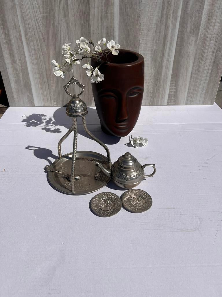 Oosters metalen theeset dienblad kannetje & onderzetters, B, Ophalen of Verzenden, C, Metaal