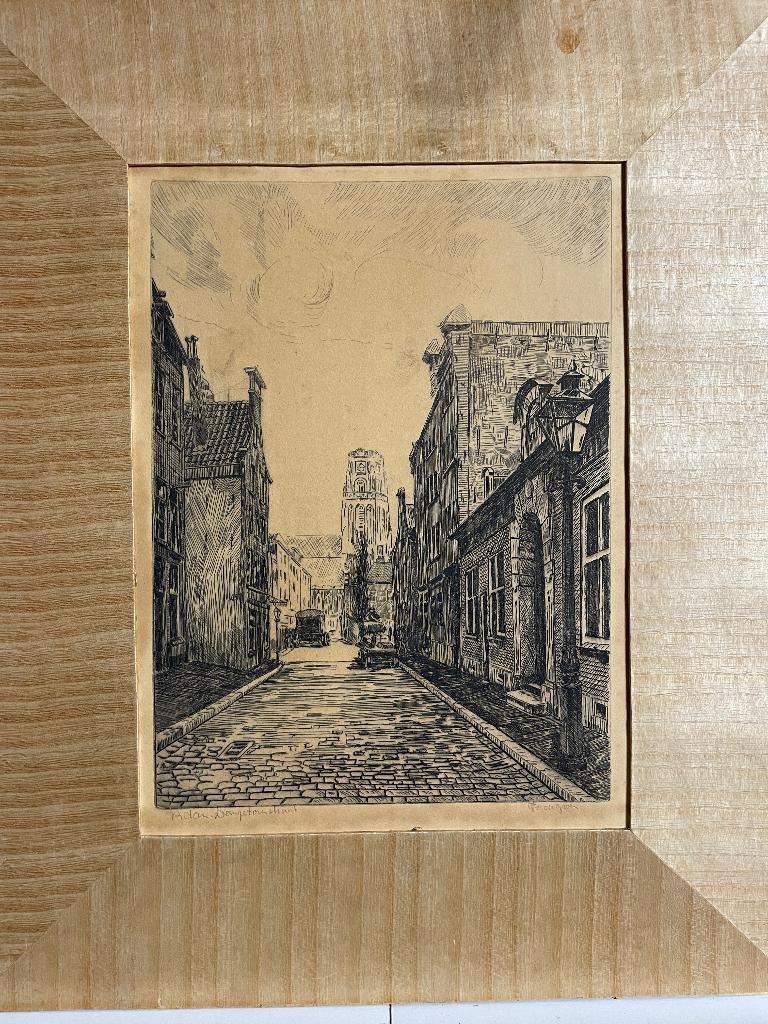 Rotterdam, Langetorenstraat - ets van Frans de Groen, Stadsgezicht, Gesigneerd, Ophalen of Verzenden, 1950 - 1999