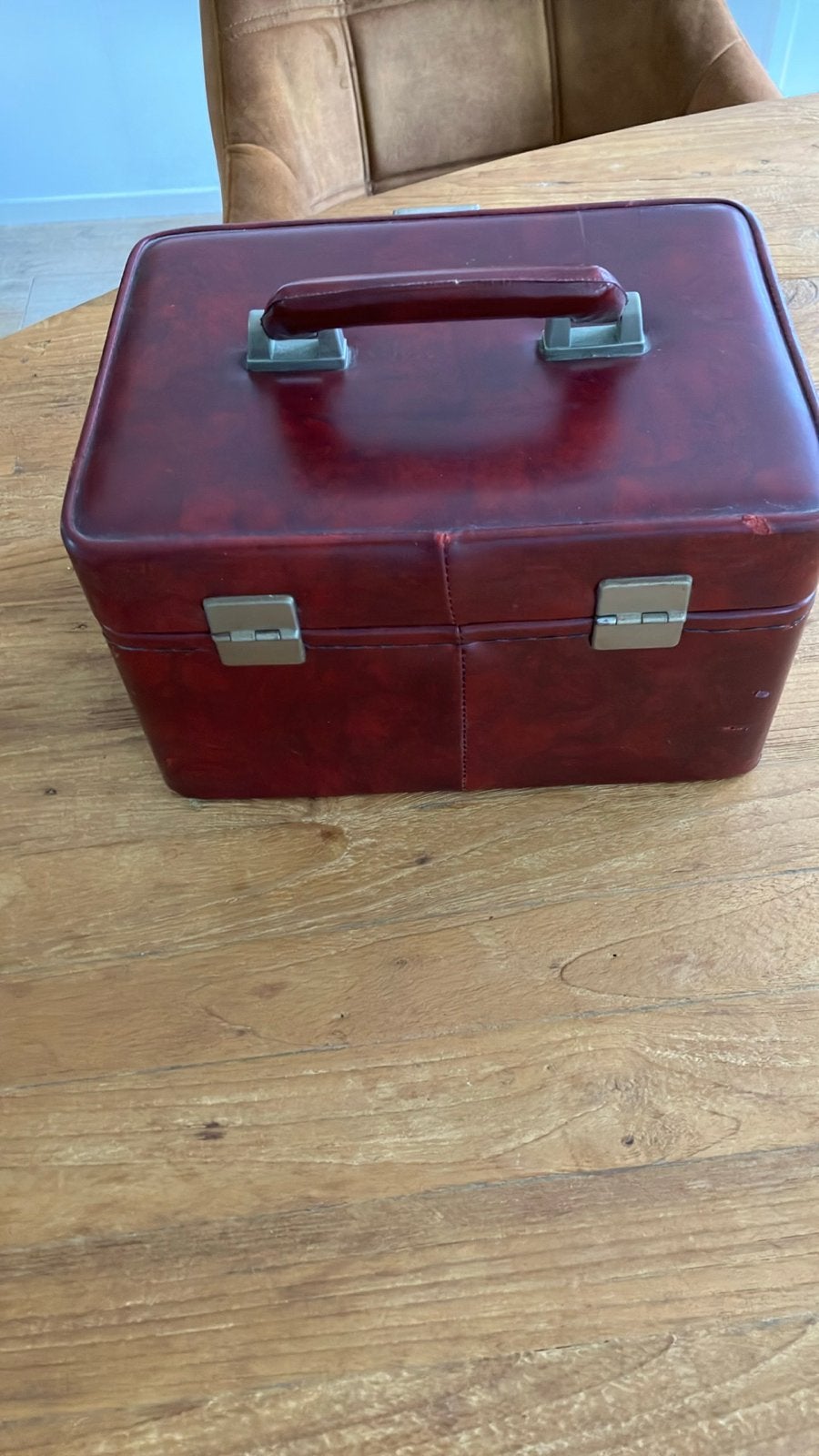 Vintage Rode Hardcase Beautycase met Spiegeltje, Gebruikt, Ophalen of Verzenden, Met spiegeltje(s), Hardcase