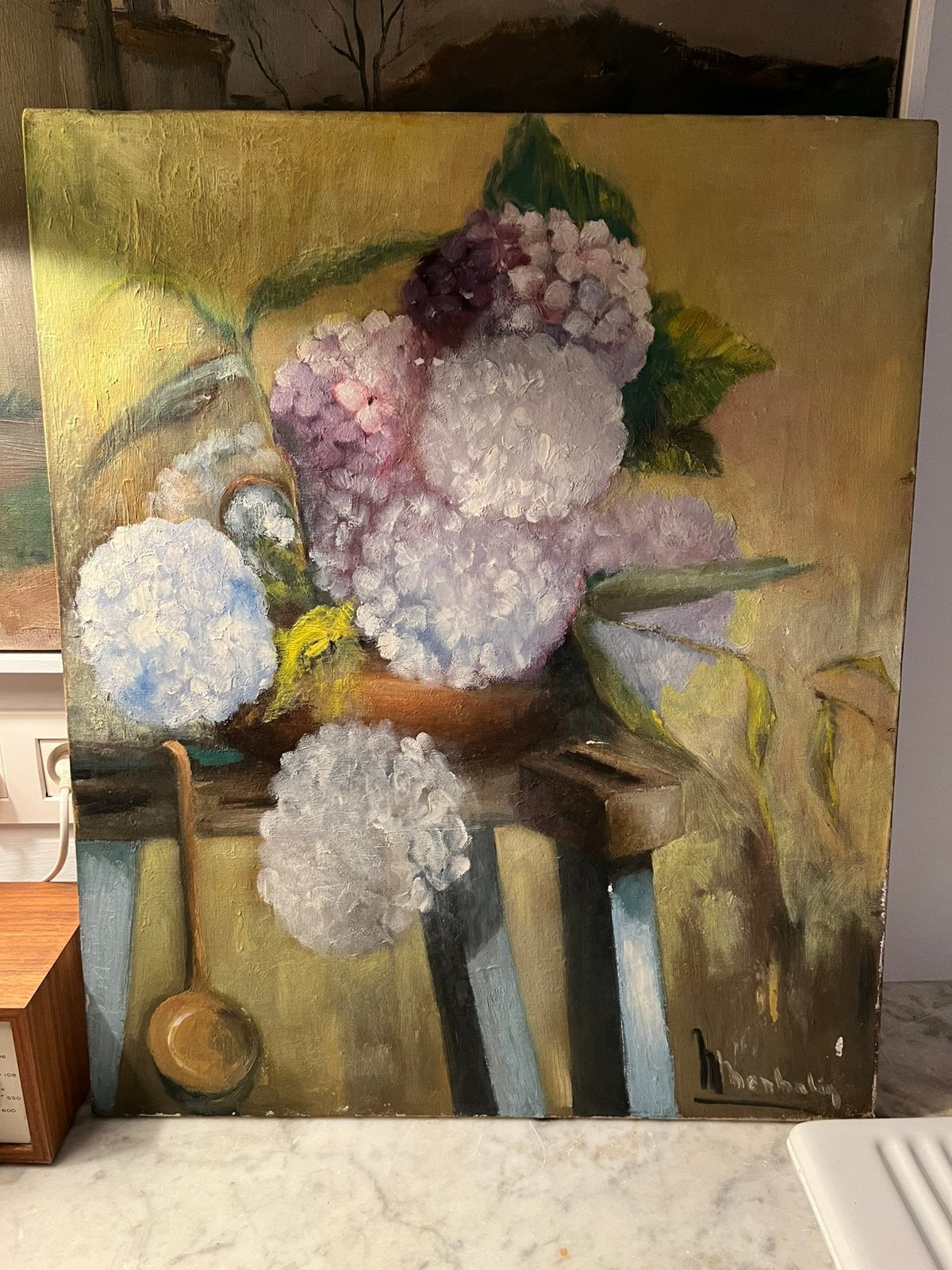 ANTIEK SCHILDERIJ HORTENSIAS OLIEVERF CANVAS FRANS, Ophalen of Verzenden
