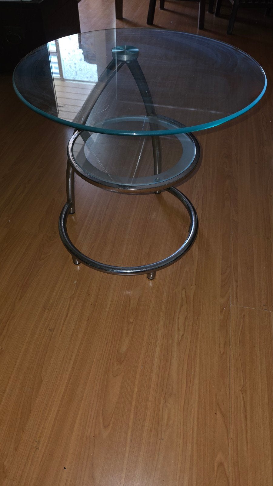Vintage glazen salontafel met chromen onderstel, Ophalen, 50 – 75, Minder dan 50 cm, Gebruikt