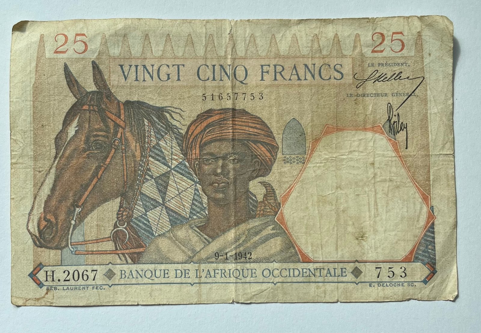 Frans-West Afrika 25 Franc 1942 gebruikte staat, Verzenden, Overige landen, Los biljet