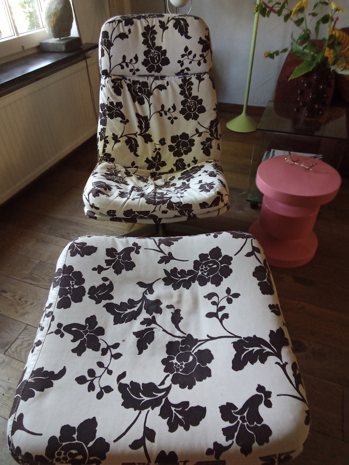 Vintage fauteuil ikea lunna met voetenbank, Huis en Inrichting, Stoffering | Vloerbedekking, Ophalen, Gebruikt, Laminaat