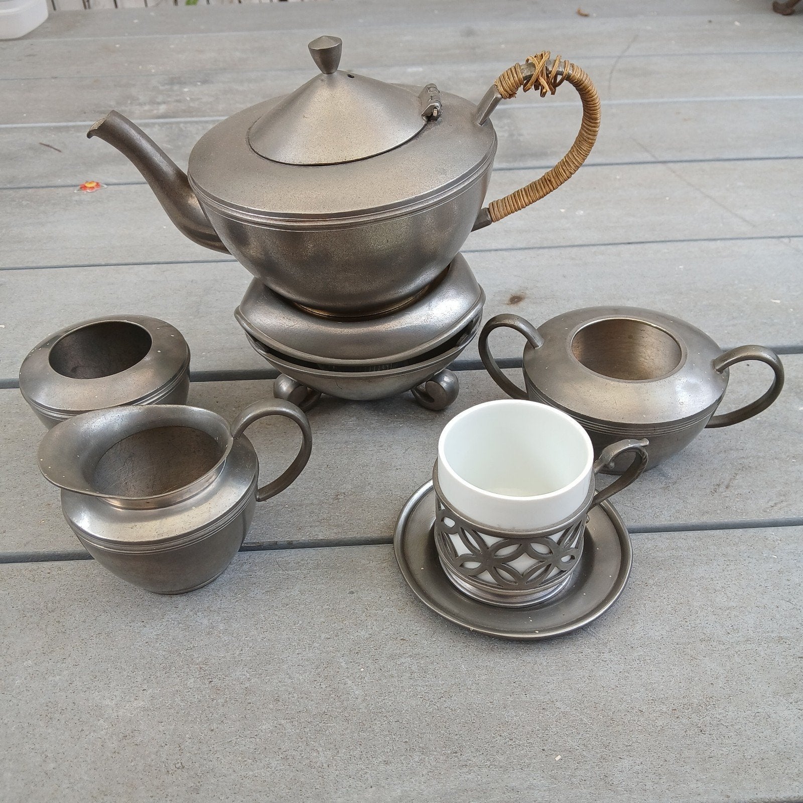 Vintage tinnen theeservies met theepot en theelichthouder, Ophalen of Verzenden