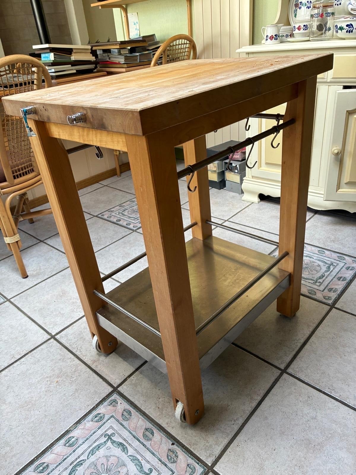 Houten Keukentrolley met RVS Details en Wieltjes, Ophalen, Gebruikt, Hout, Keukentrolley