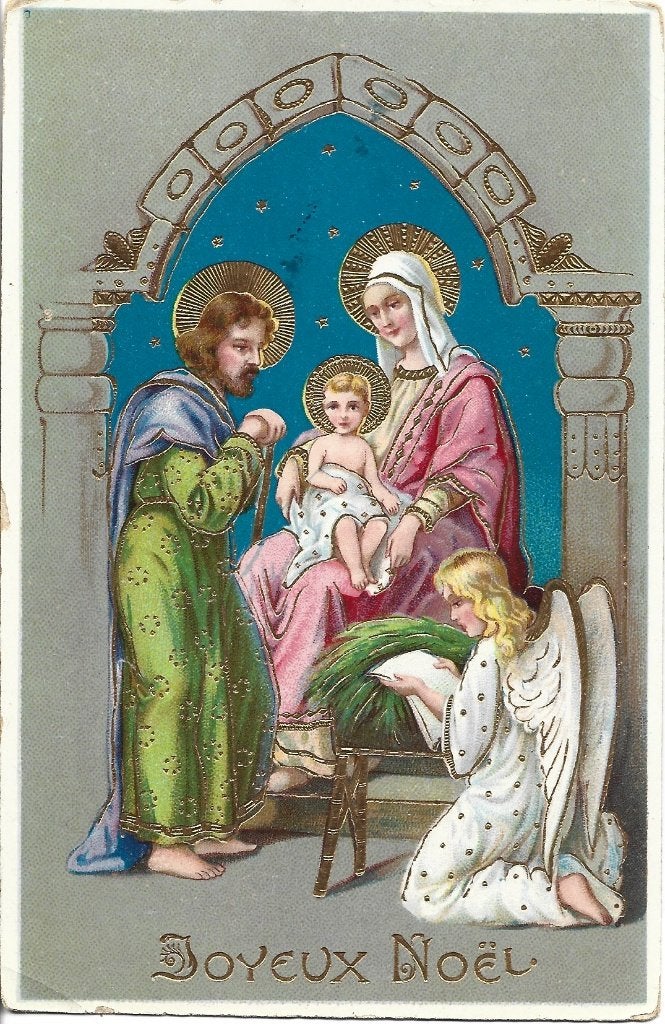 Kerst*Antiek*Goudopdruk*Jozef,Maria,Kindje*Aura*Engel* Mooi, Ophalen of Verzenden, 1920 tot 1940, Gelopen, Feest(dag)