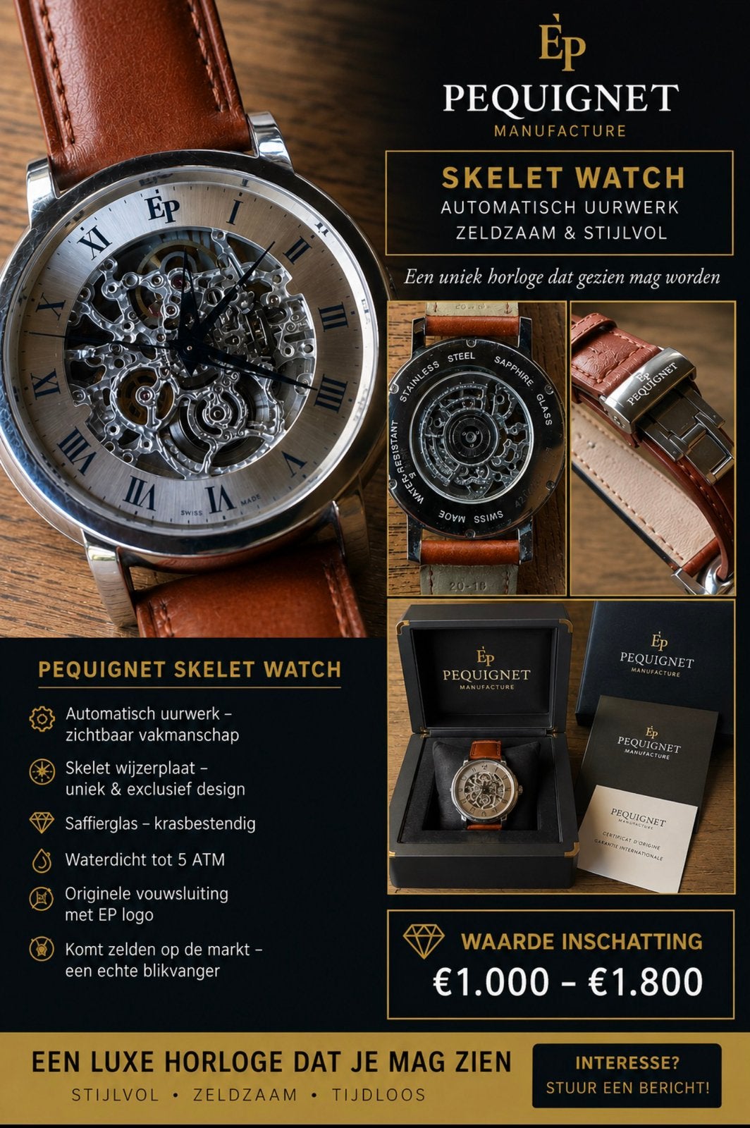 Pequignet Manufacture Skeleton Watch –Automatisch– Compleet, Ophalen of Verzenden, Zo goed als nieuw