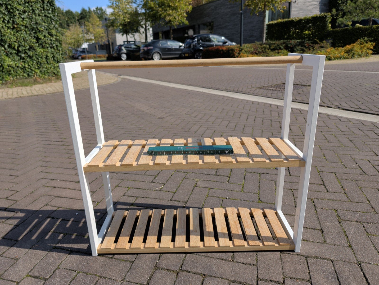 Schoenenrek met kledingroede - Bamboe en wit, Ophalen of Verzenden