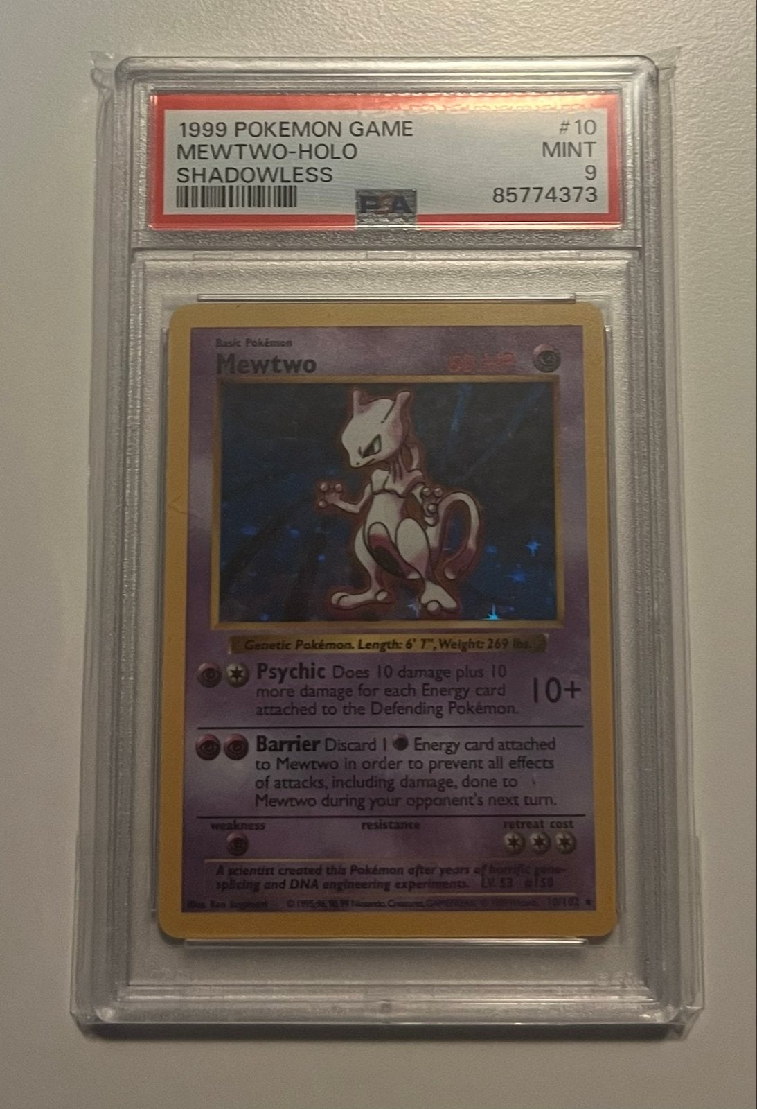 Mewtwo 10/102 - Shadowless - Base Set - PSA 9, Ophalen of Verzenden, Zo goed als nieuw, Losse kaart