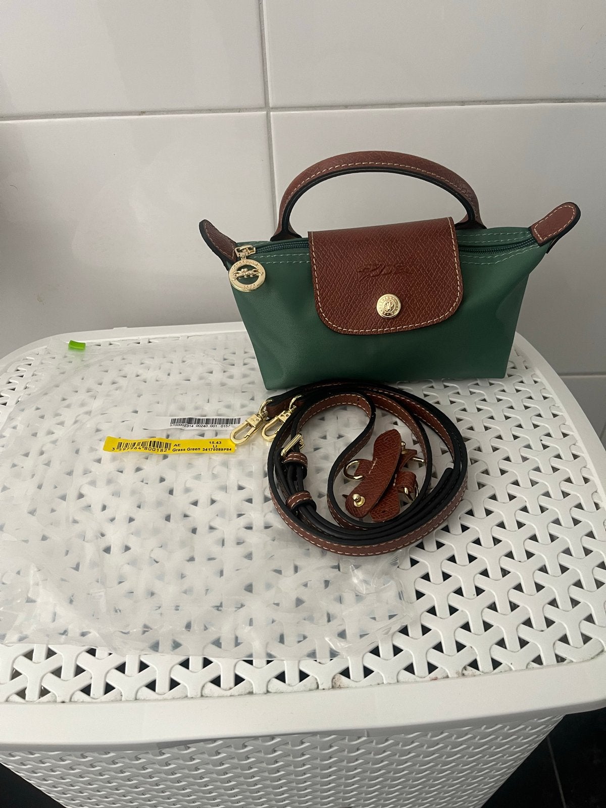 Longchamp mini handtasje groen met bruin, Ophalen of Verzenden, Zo goed als nieuw, Groen, Handtas