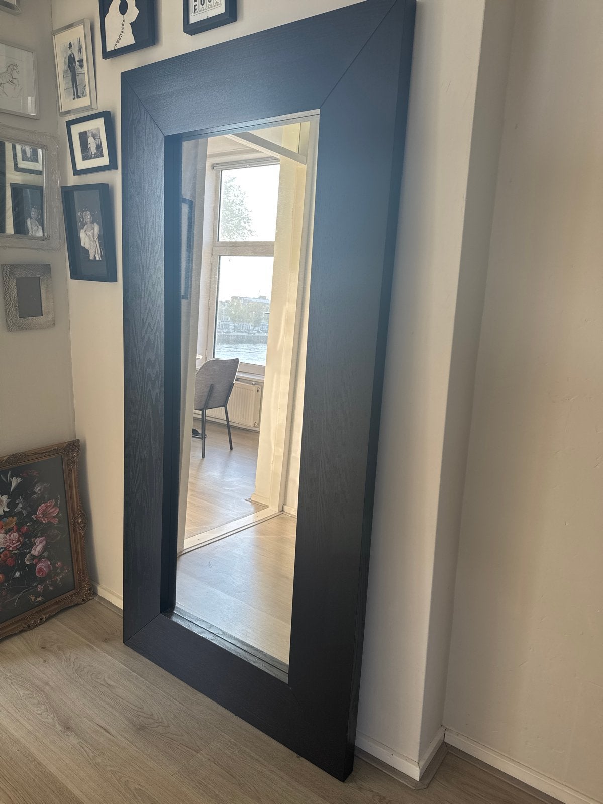 IKEA Mongstad Grote zwarte spiegel met houten lijst, Ophalen, 200 cm of meer, Zo goed als nieuw, 75 tot 100 cm