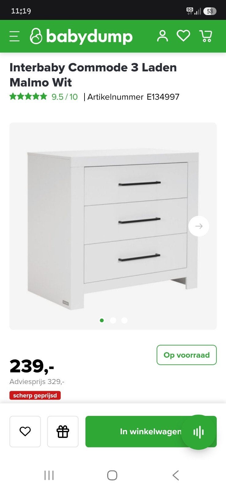 Interbaby Commode 3 Laden Malmo Wit, Ophalen, 50 tot 70 cm, 90 tot 105 cm, 100 cm of meer