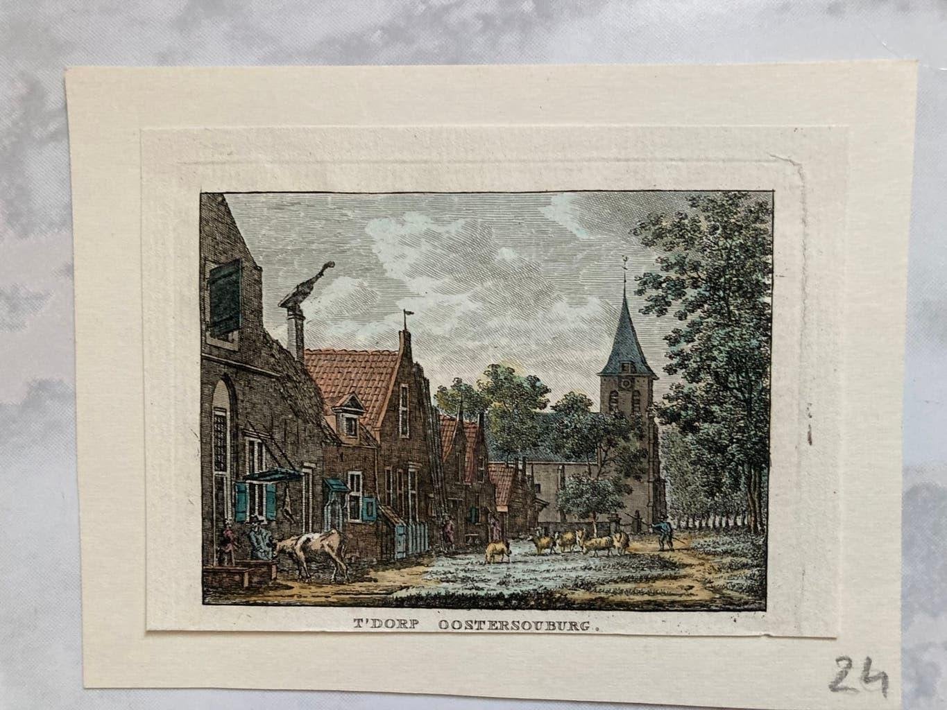 Oostersouburg, kopergravure C.F. Bendorp, 1786, handgekleurd, Antiek en Kunst, Kunst | Etsen en Gravures, Stadsgezicht, Ophalen of Verzenden