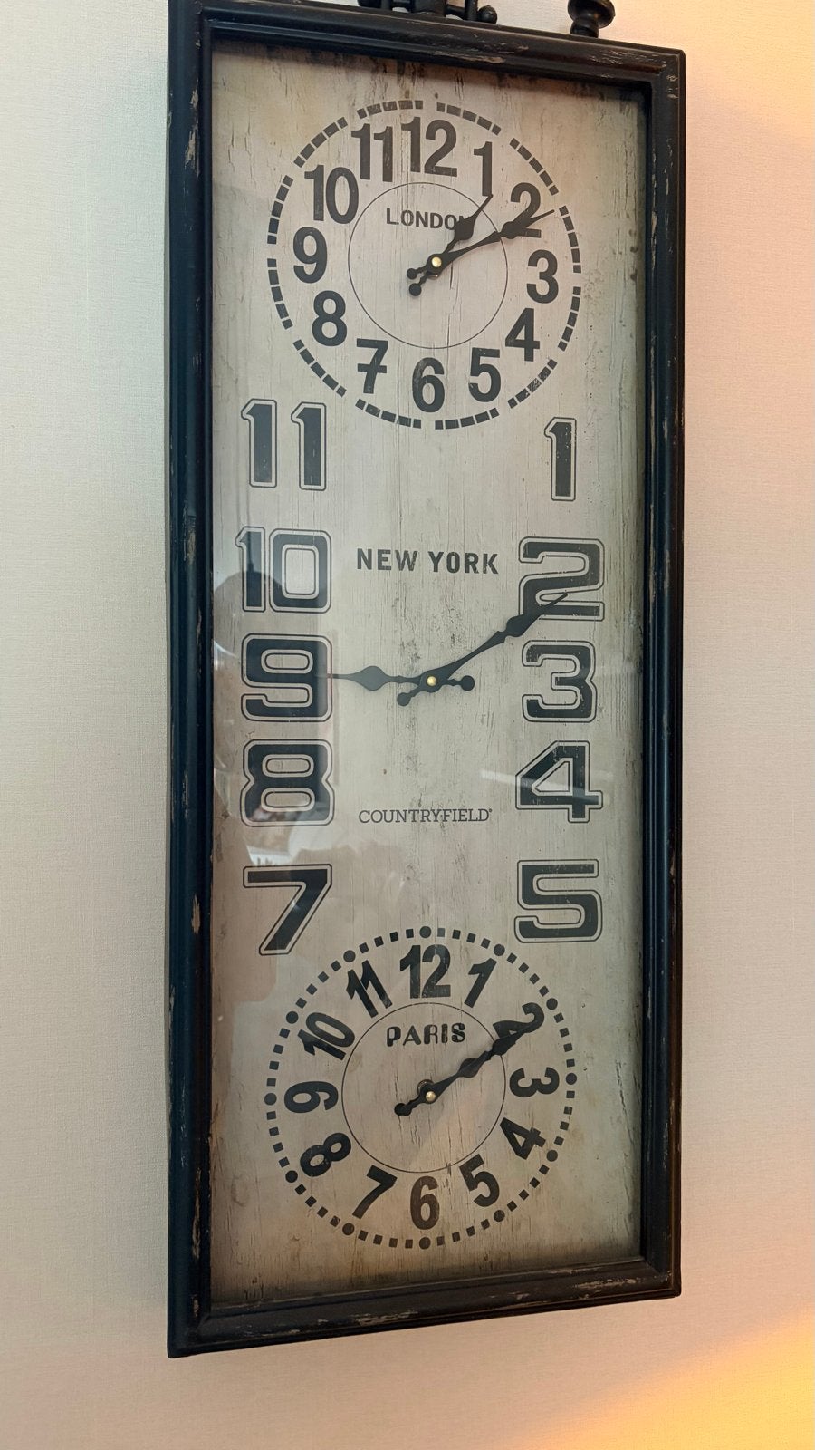 Wandklok met wereldtijden - London, New York, Parijs, Huis en Inrichting, Analoog, Ophalen of Verzenden, Overige merken, Wandklok
