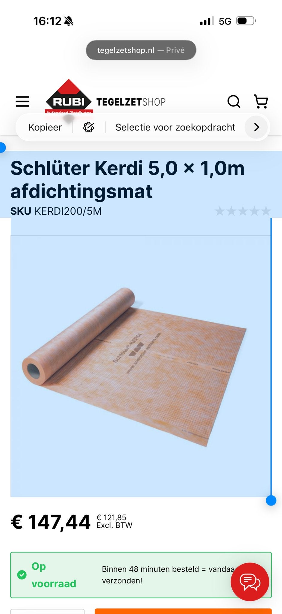 Schlüter Kerdi waterdichte doek voor badkamer (25m²), Overige typen, Ophalen of Verzenden, Zo goed als nieuw, 10 m² of meer