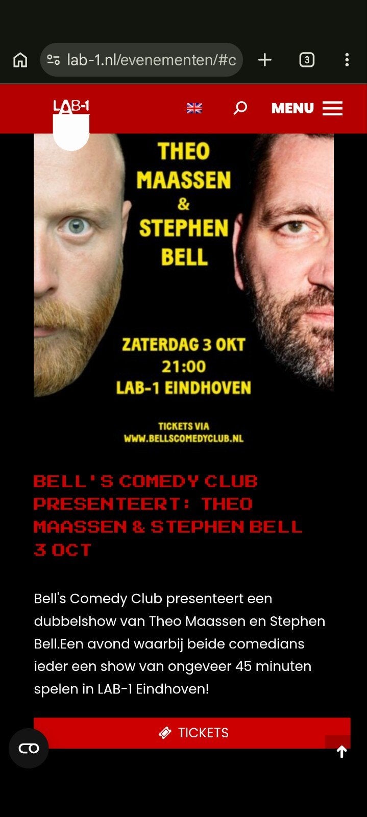Theo Maassen 2x kaarten. 3 okt. Lab-1, Eindhoven, Twee personen, Oktober