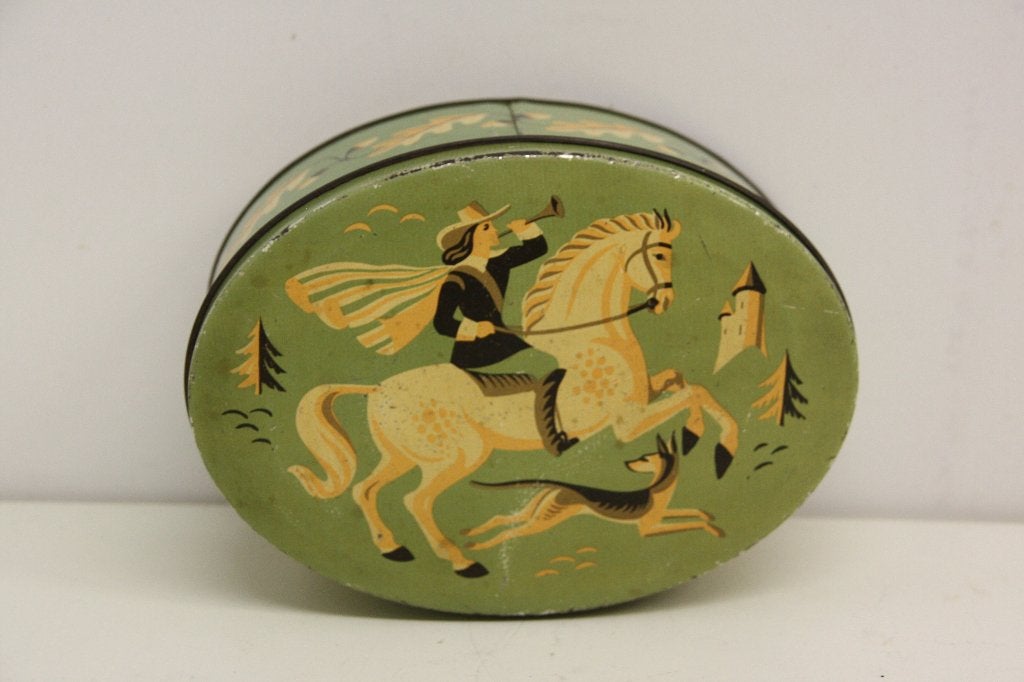 Antieke Verkade koekjestrommel Hoornblazer te paard, Antiek en Kunst, Ophalen of Verzenden