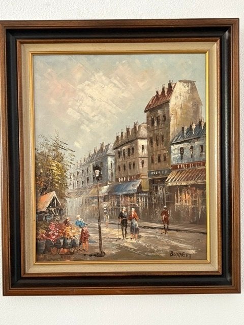 Mooi schilderij Burnett olieverf, Ophalen, Bijzondere lijst, Stads- / dorpsgezicht, Doek