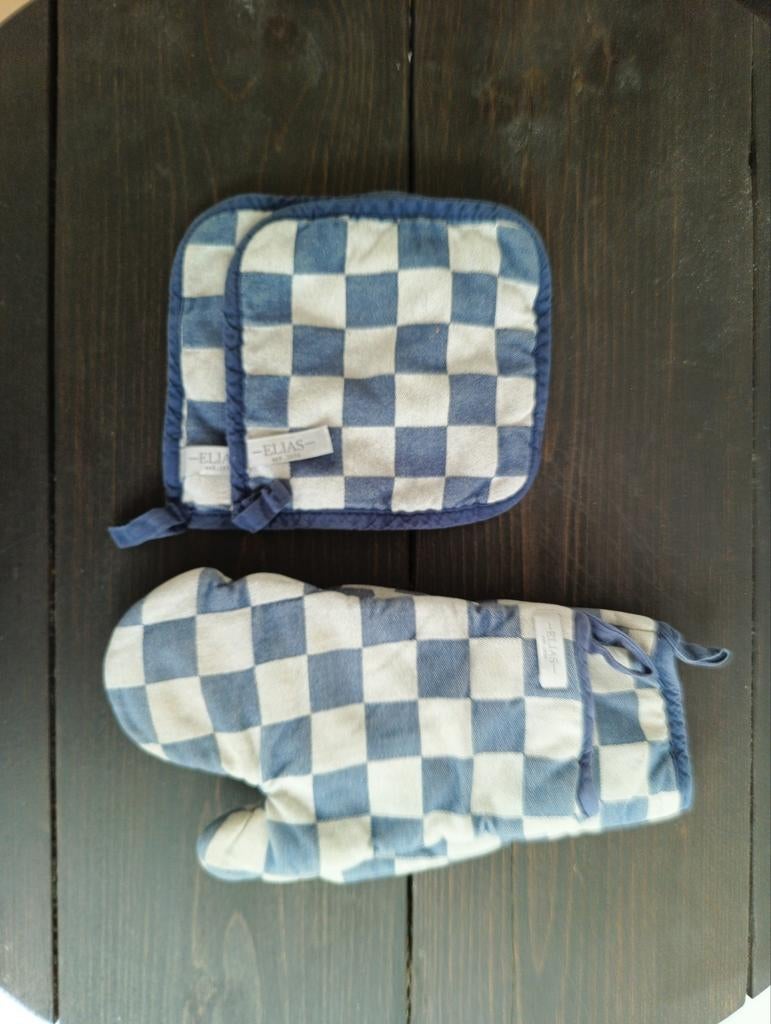 Ovenwanten en pannenlappen, ecru/jeans blokpatroon, Ophalen of Verzenden