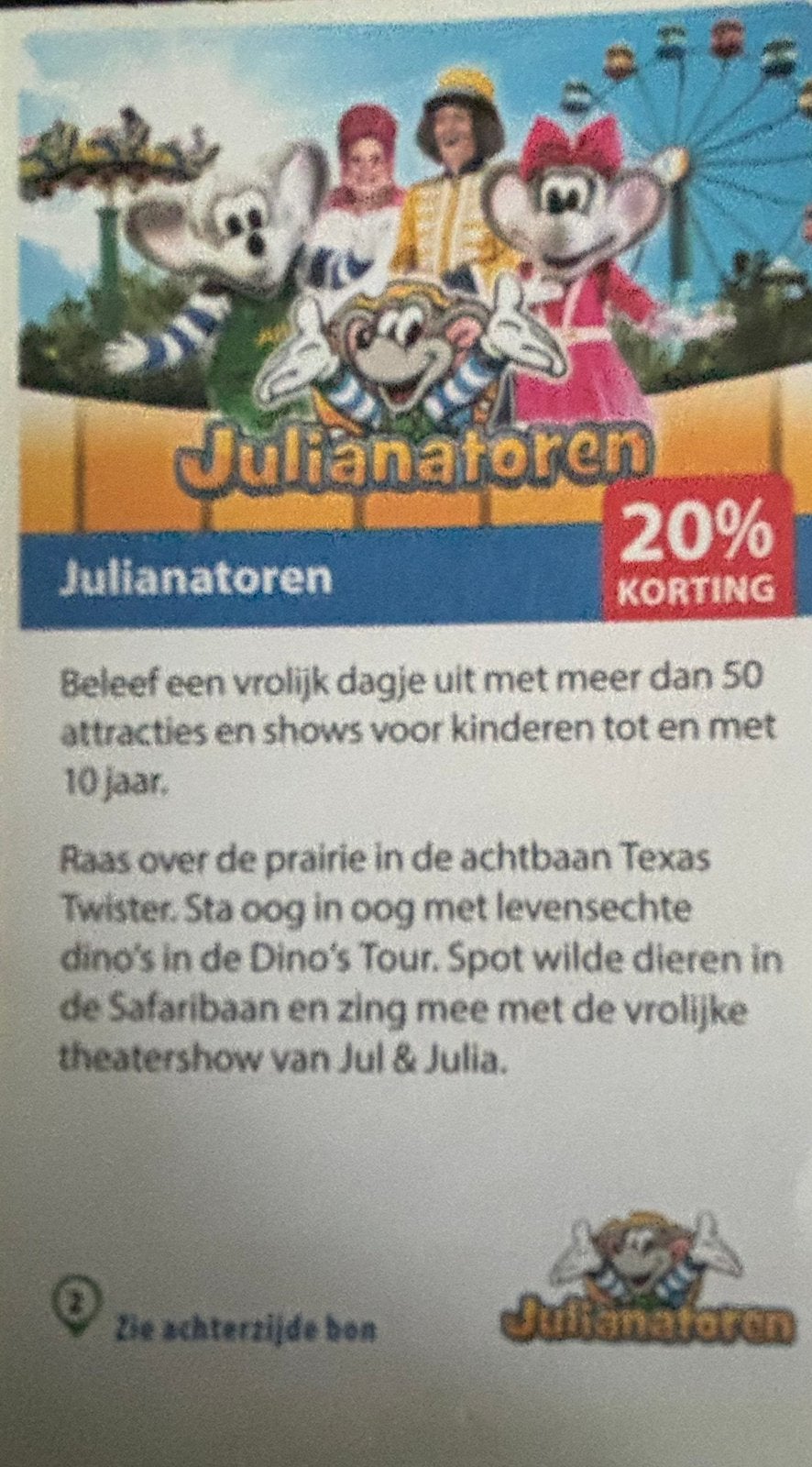 Kinderpretpark Julianatoren 20% korting, Drie personen of meer, Kortingskaart