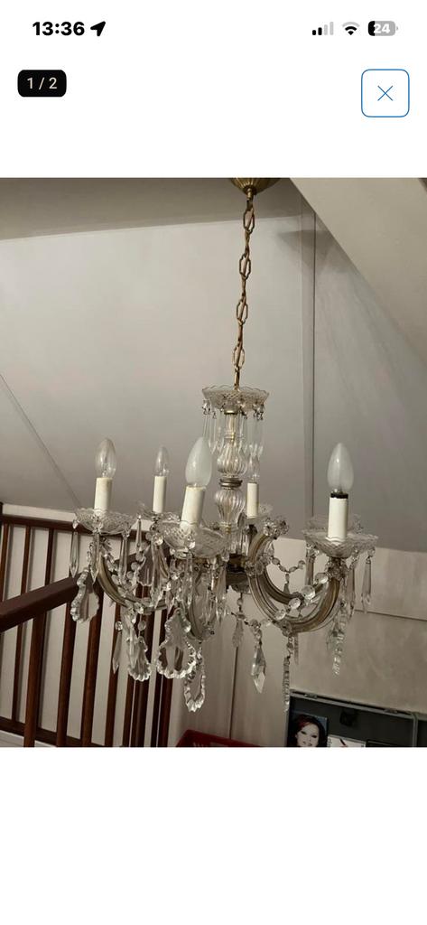 Kroonluchter antiek Kristal, doors.5cm,hoogte 90cm opknapper, Ophalen of Verzenden, Gebruikt