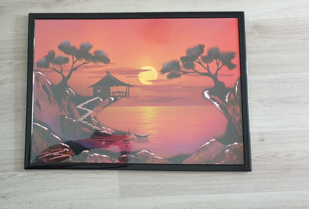 uniek spuitbus air brush schilderij ondergaande zon, Antiek en Kunst, Ophalen