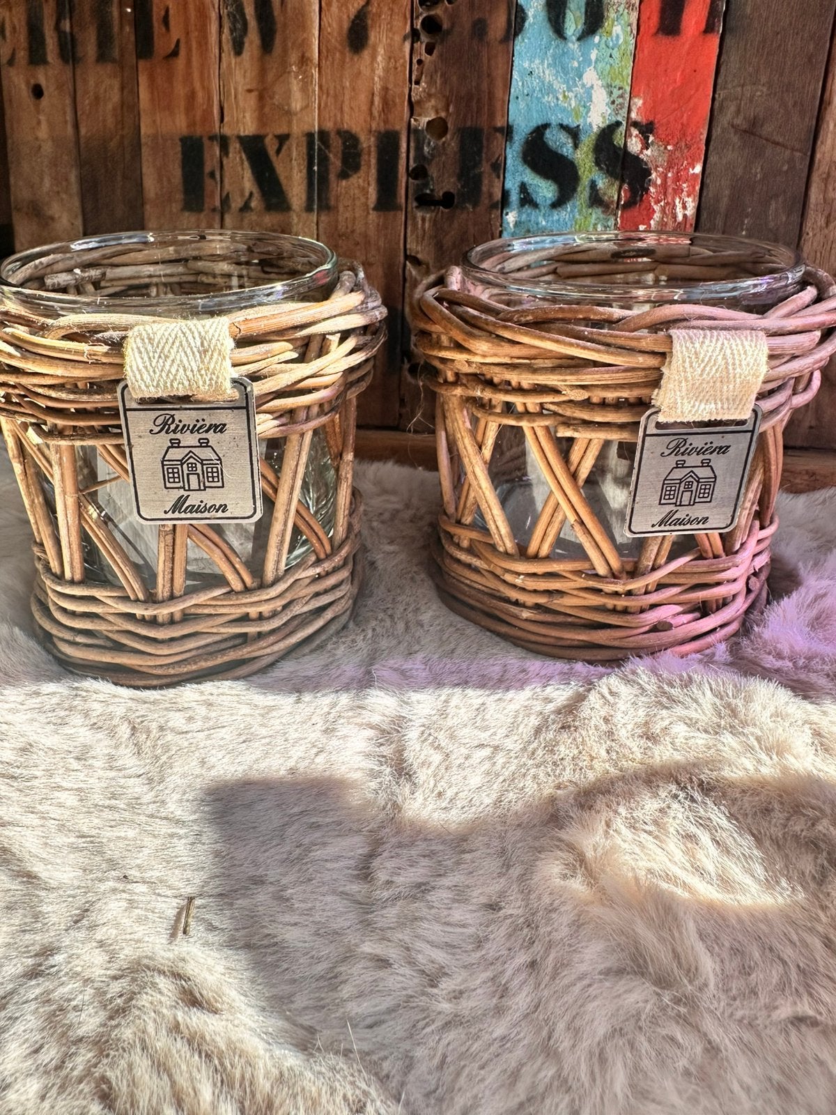 Set van 2 Rivièra Maison Rustic Rattan Waxinelichthouders, Huis en Inrichting, Ophalen of Verzenden, Zo goed als nieuw, Rivièra Maison