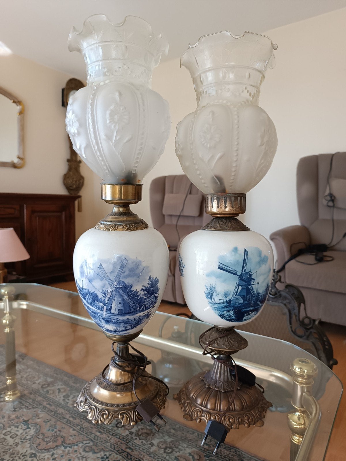 Set van 2 Delfts Blauwe Tafellampen met Molen Decor, Ophalen