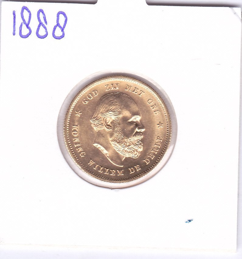 Heel mooie 10 gulden 1888 Willem 3. Schaars jaar! 950 euro, Koning Willem III, Losse munt, 10 gulden, Goud
